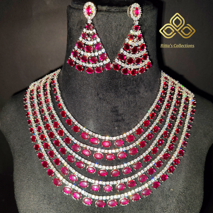 5 Layer Ruby Pink AD Necklace with Earrings