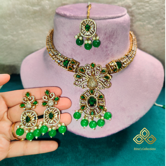 Green Traditional AD, Reverse AD Necklace with Earrings and Maangtikka