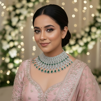 Emerald Green American Diamond Chokar Necklace with Earrings and Maangtikka, Swipe for video