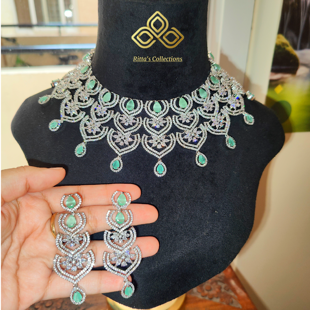Mint Green American Diamond Necklace with Earrings
