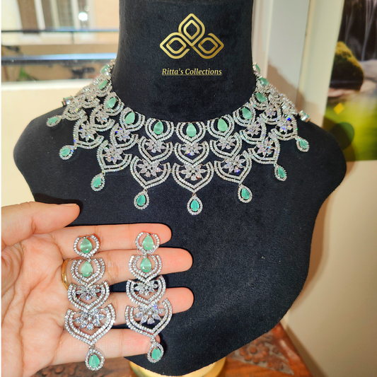 Mint Green American Diamond Necklace with Earrings