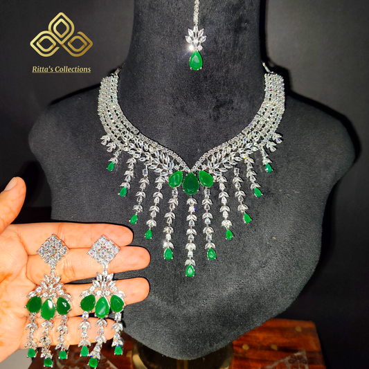 Green American Diamond Necklace with Earrings and Maangtikka