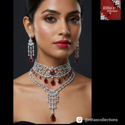 Red American Diamond Chokar and Necklace with long Earrings