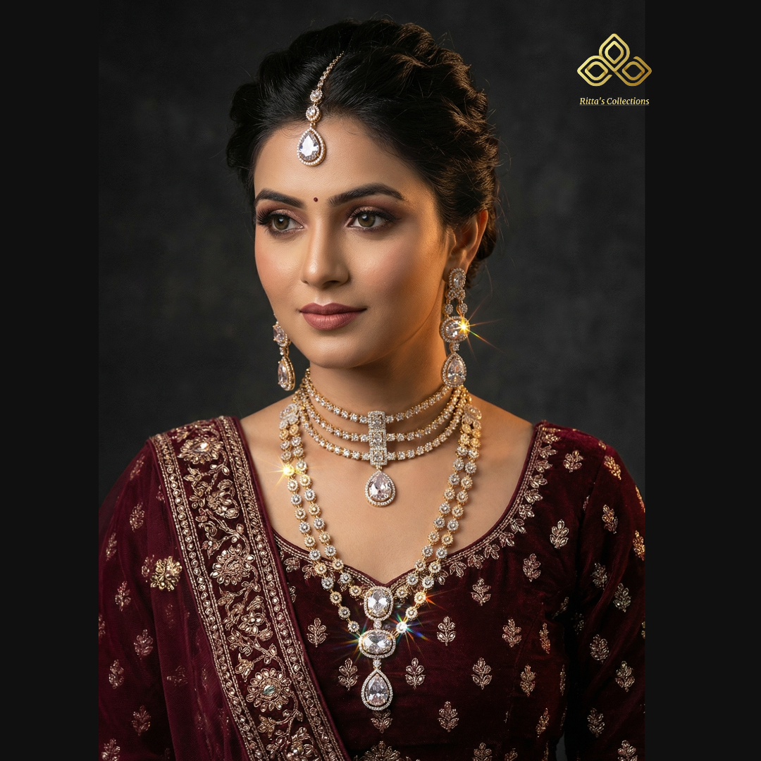 Ritta's Collections Elegant American Diamond Bridal Jewellery, 1 short necklace, 1 medium to long necklace with 2 Pair of earrings and 1 maangtikka, golden silver ganga Jamuna polish