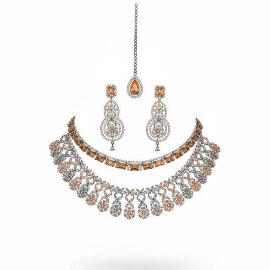 Dual Tone Golden Victorian Polish American Diamond Necklace with Earrings and Maangtikka