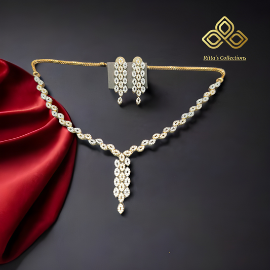 American Diamond Necklace with Earrings, Dual Tone Ganga Jamuna Polish