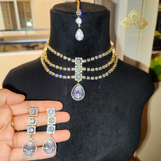 Golden American Diamond Chokar Necklace with Earrings and Maangtikka