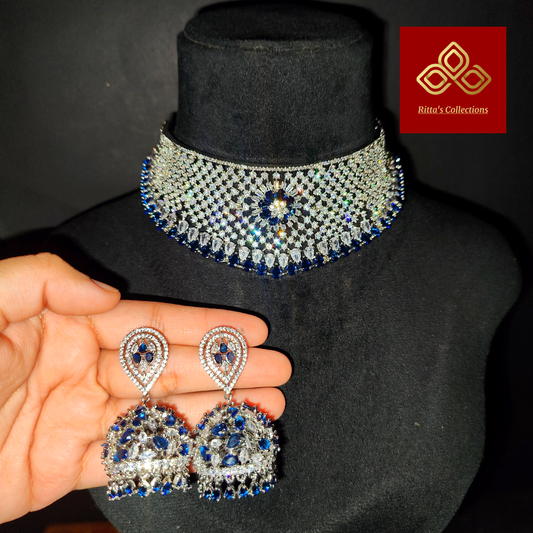 Blue American Diamond Necklace with Jhumka Earrings
