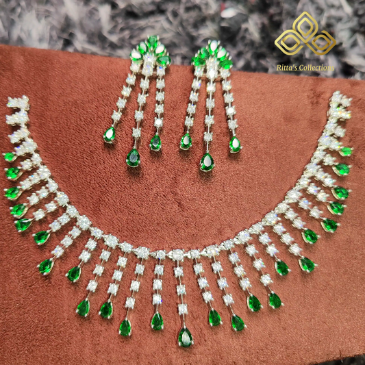 Emerald Green American Diamond Necklace with Earrings