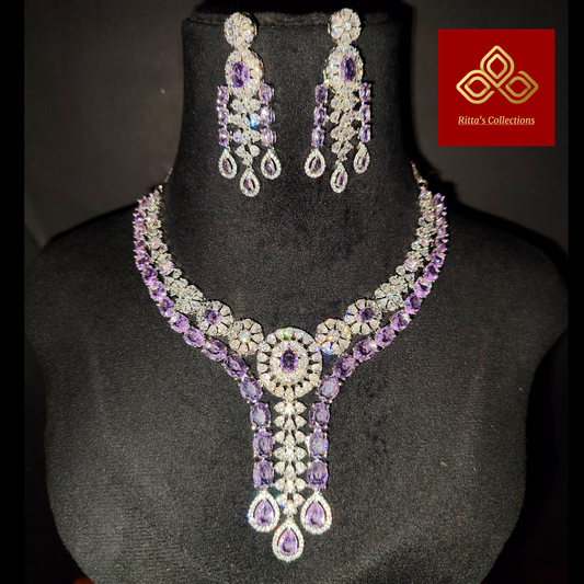 Lavender Purple American Diamond Necklace With Earrings
