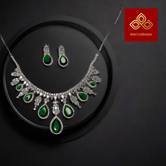 Emerald Green American Diamond Necklace with Earrings
