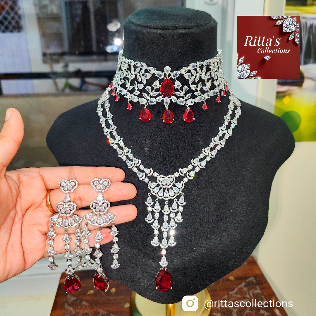 Red American Diamond Chokar and Necklace with long Earrings