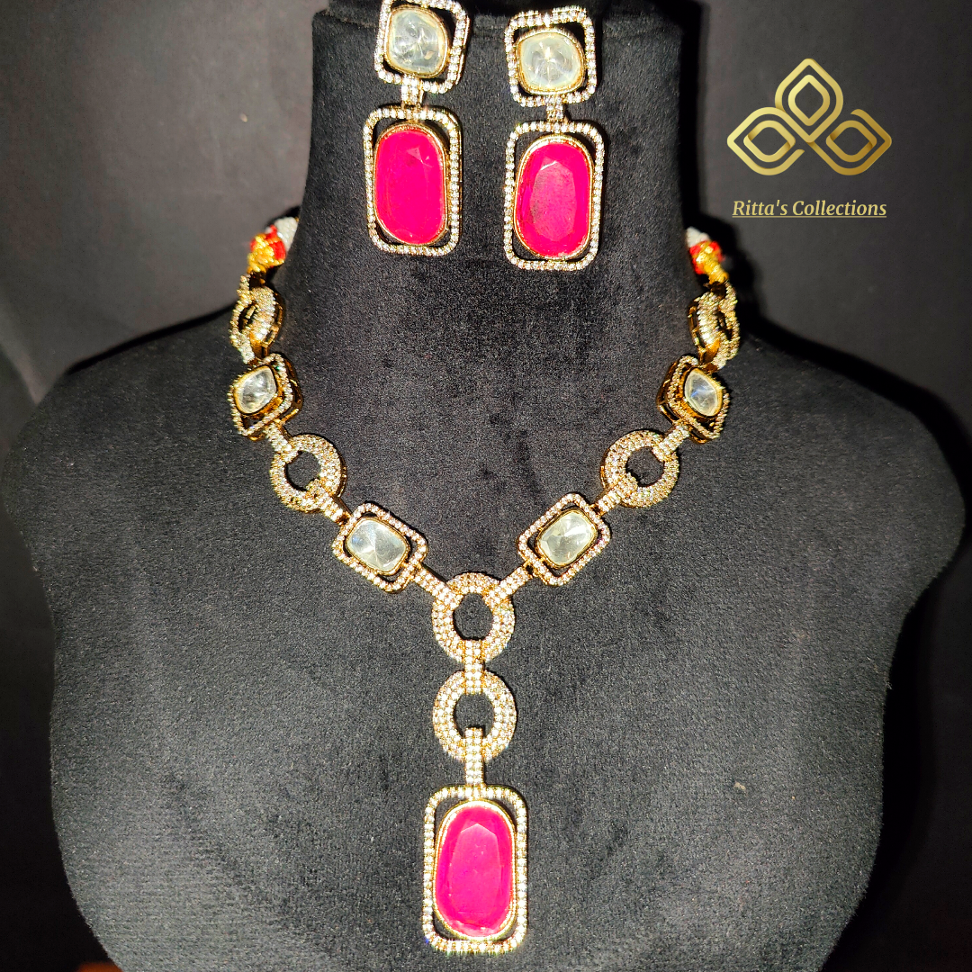 Pink AD Polki Kundan Statement Neckpiece with Earrings