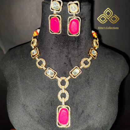 Pink AD Polki Kundan Statement Neckpiece with Earrings