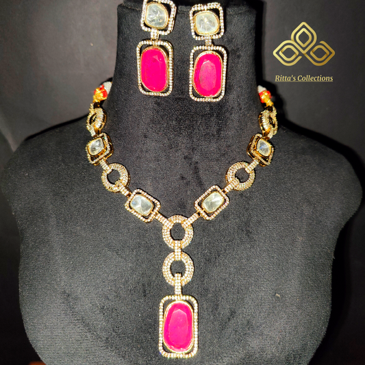 Pink AD Polki Kundan Statement Neckpiece with Earrings