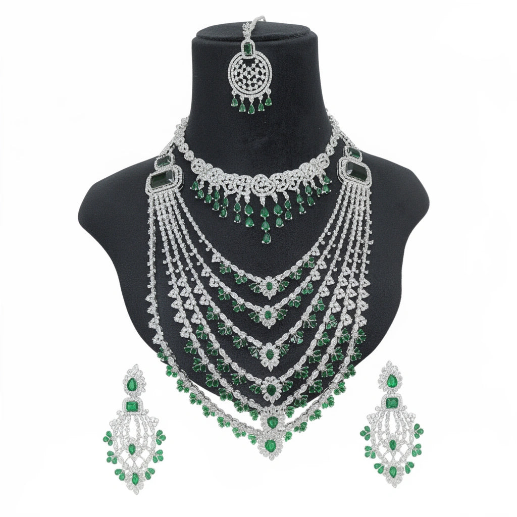 Bridal Emerald Green American Diamond Necklace Set, 6 layers necklace with 1 short necklace, earrings and Maangtikka