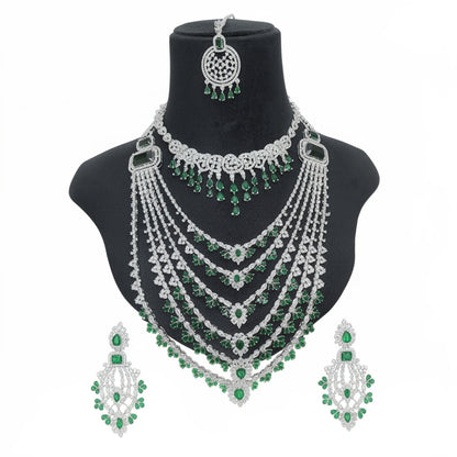 Bridal Emerald Green American Diamond Necklace Set, 6 layers necklace with 1 short necklace, earrings and Maangtikka