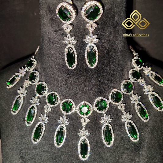 Emerald Green American Diamond Necklace with Earrings
