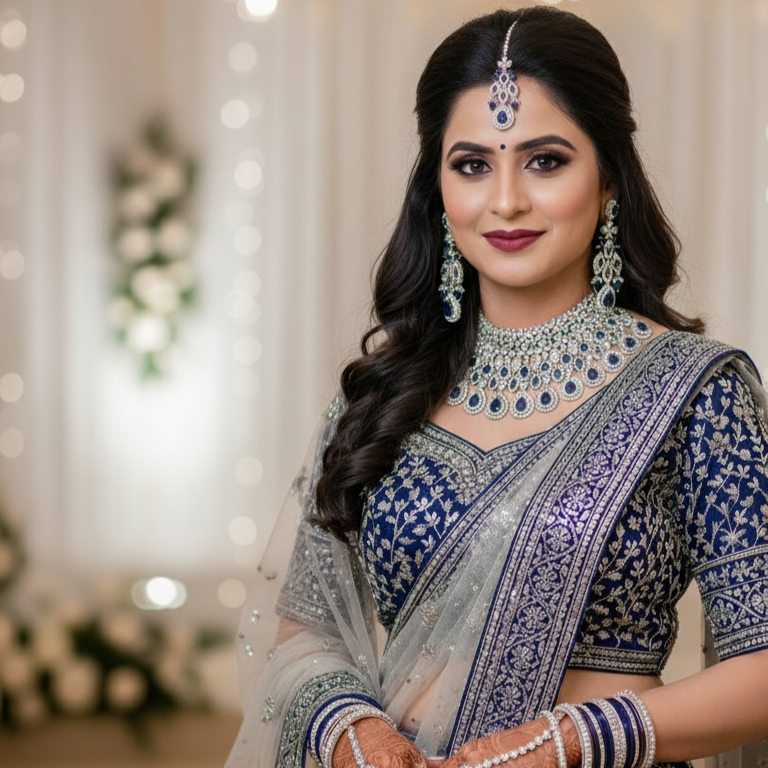 Blue American Diamond Bridal Chokar with Earrings and Maangtikka, swipe for video