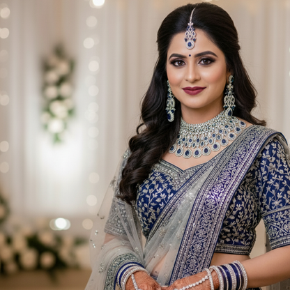 Blue American Diamond Bridal Chokar with Earrings and Maangtikka, swipe for video