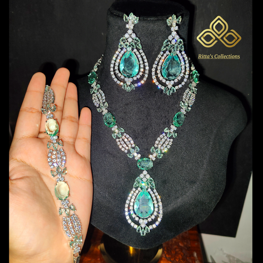 Ice Green Colour American Diamond Necklace with Earrings and Bracelet