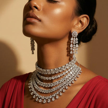 Ritta's Collection's Combo of 2 American Diamond Necklace Set, Chokar + 4 layer necklace Set