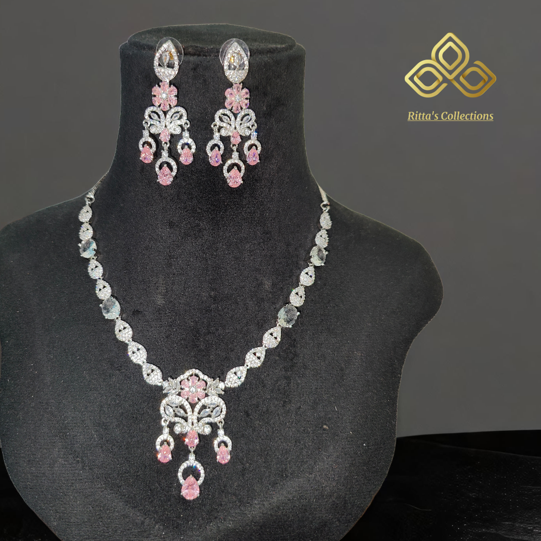 Blush Pink Rose Pink American Diamond Necklace with Earrings