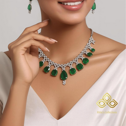 Emerald Green American Diamond Necklace with Earrings
