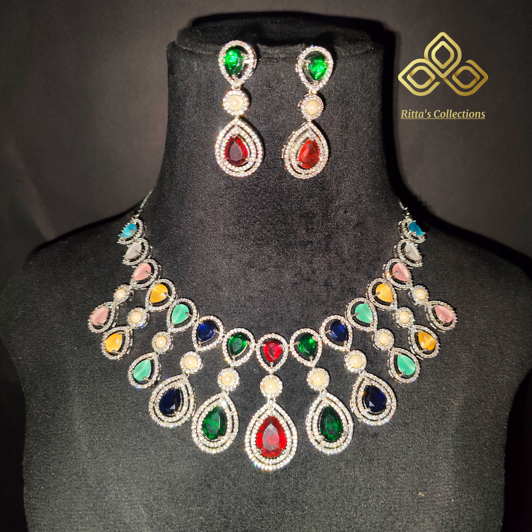 Multi Colour American Diamond Necklace with Earrings