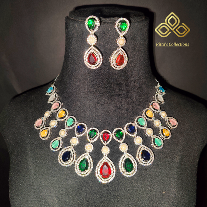 Multi Colour American Diamond Necklace with Earrings