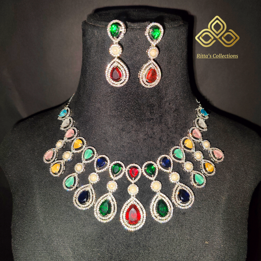 Multi Colour American Diamond Necklace with Earrings