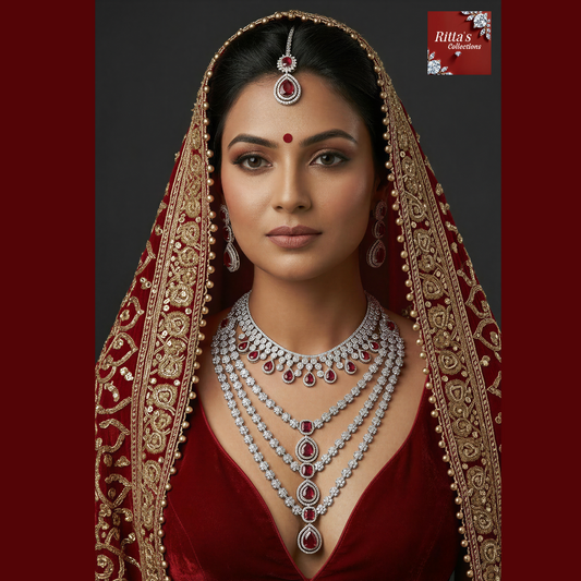 Bridal Red American Diamond Necklace Set with earrings and Maangtikka, swipe for video