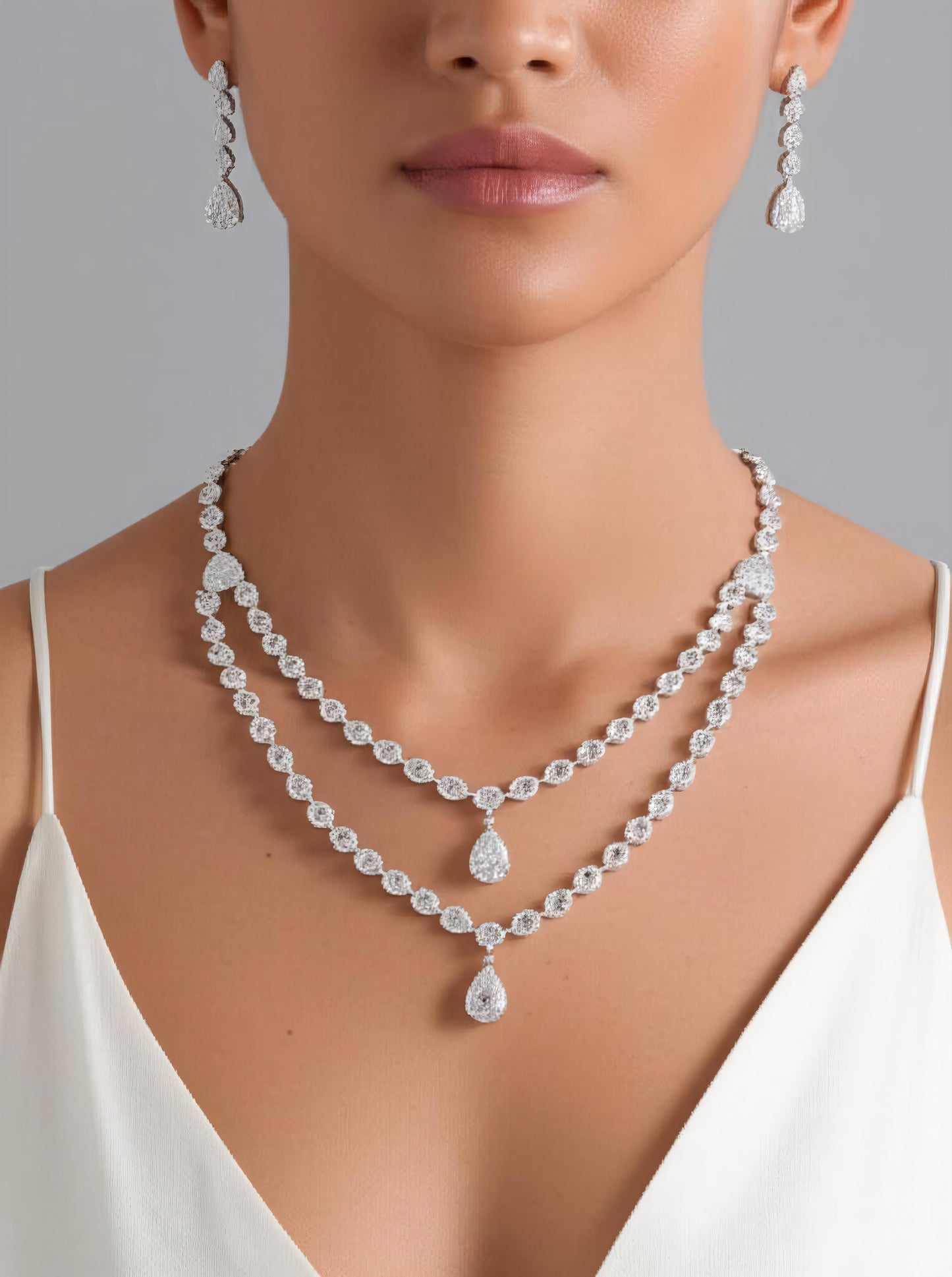Double Layer American Diamond Necklace with Earrings