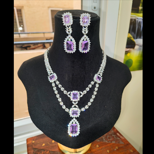 Lavender Purple American Diamond Necklace with Earrings