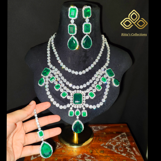 Emerald Green Doublets American Diamond Necklace with Earrings and Maangtikka