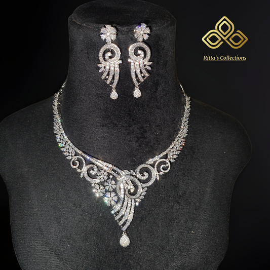 Premium Rhodium Polish American Diamond Necklace with Earrings