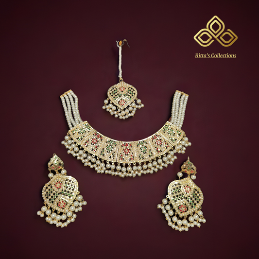 Jadau Necklace with Earrings and Maangtikka
