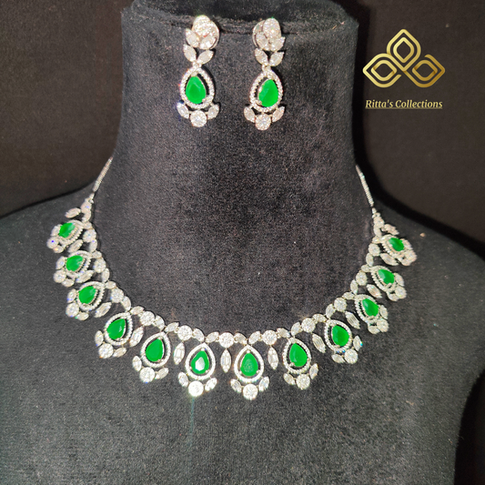 Green American Diamond Necklace with Earrings