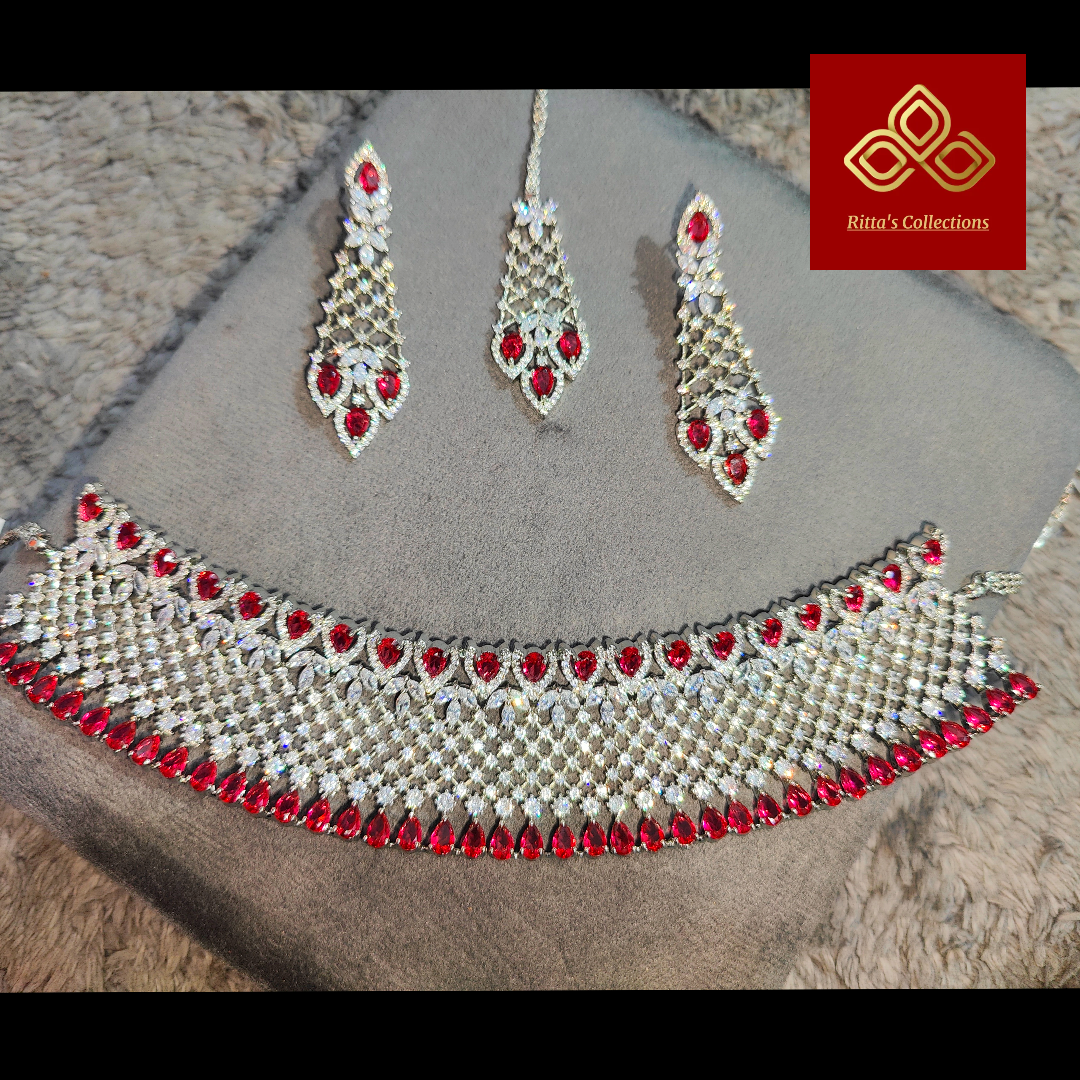 Red American Diamond Chokar with Earrings and Maangtikka