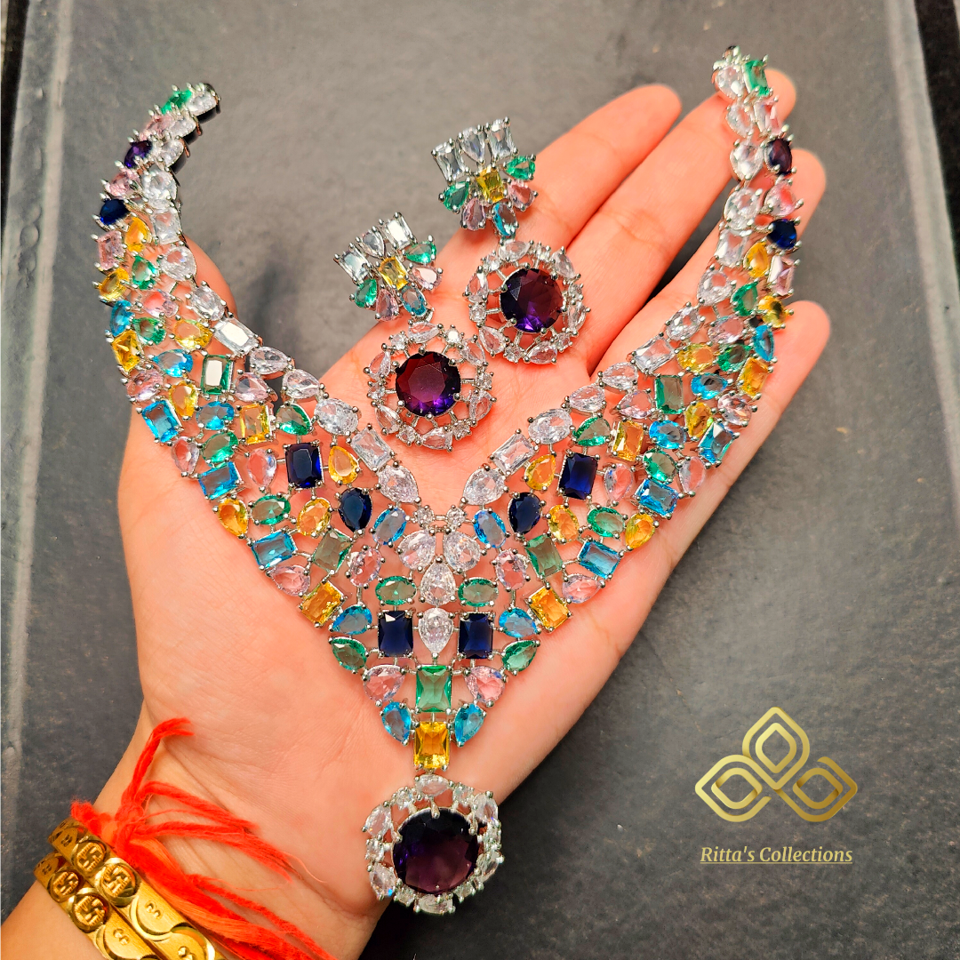 Multicolored Statement Necklace with Earrings