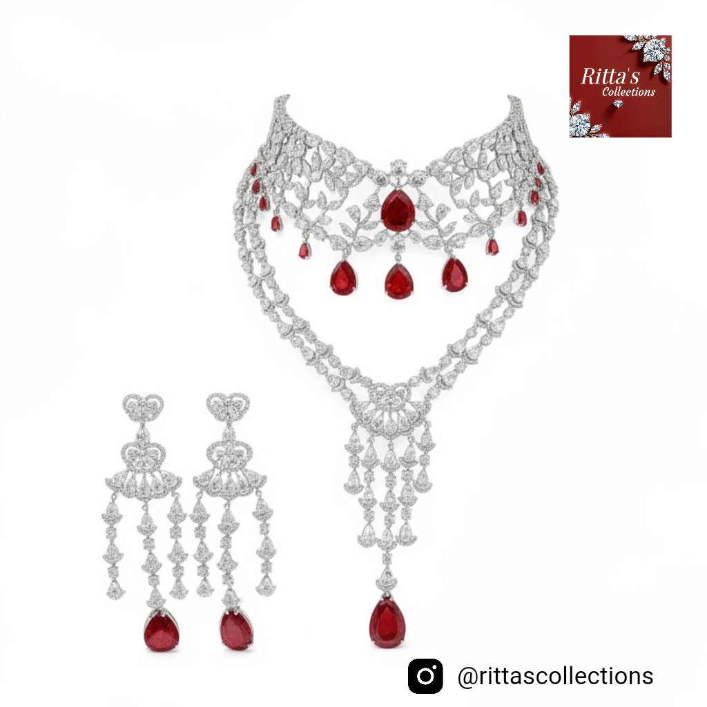 Red American Diamond Chokar and Necklace with long Earrings