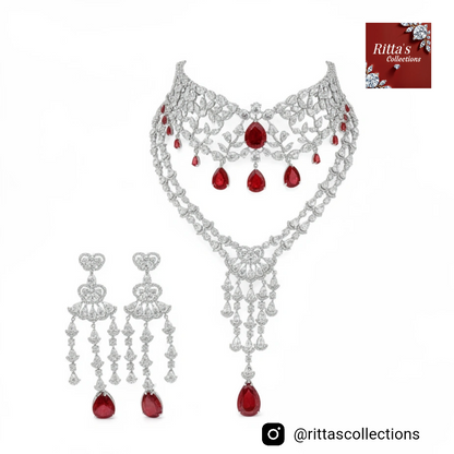 Red American Diamond Chokar and Necklace with long Earrings