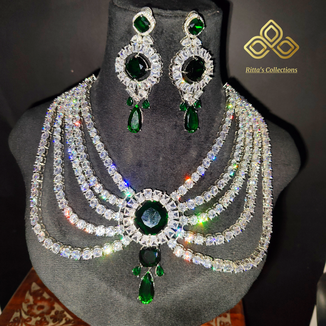 Five 5 Layer Emerald Green American Diamond Necklace with Earrings, Premium Article