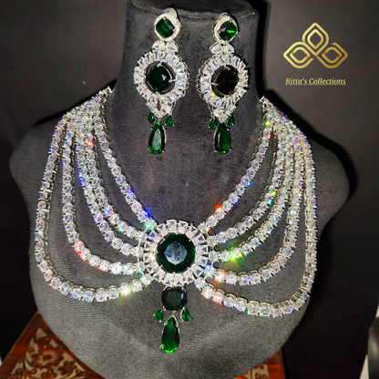 Five 5 Layer Emerald Green American Diamond Necklace with Earrings, Premium Article