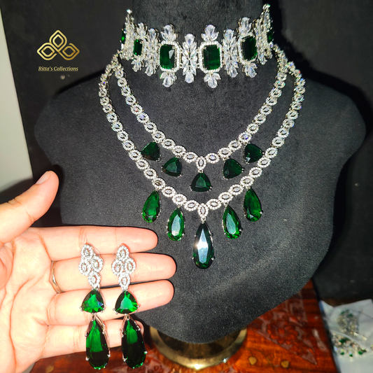 Emerald Green American Diamond Chokar & Necklace Combo