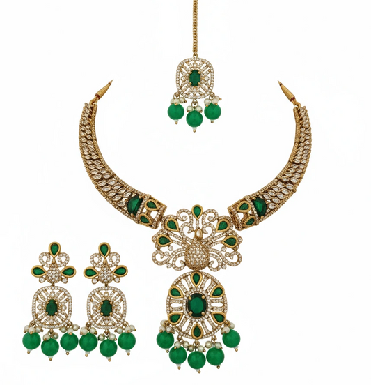 Green Traditional AD, Reverse AD Necklace with Earrings and Maangtikka