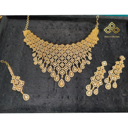Golden Polish American Diamond Choker with Earrings and Maangtikka
