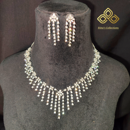 Elegant Rhodium Silver Polish American Diamond Necklace with Earrings