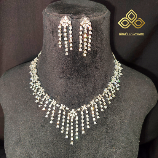 Elegant Rhodium Silver Polish American Diamond Necklace with Earrings