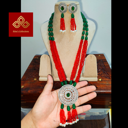 Red & Green colour Hydro beads, Onyx beads with AD Pandent Set